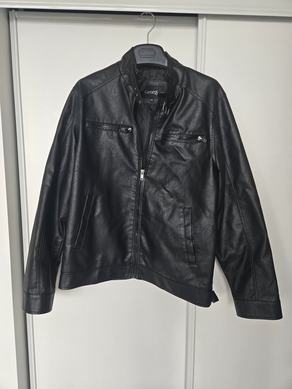 George Black Faux Leather Bomber Jacket with Zip Pockets